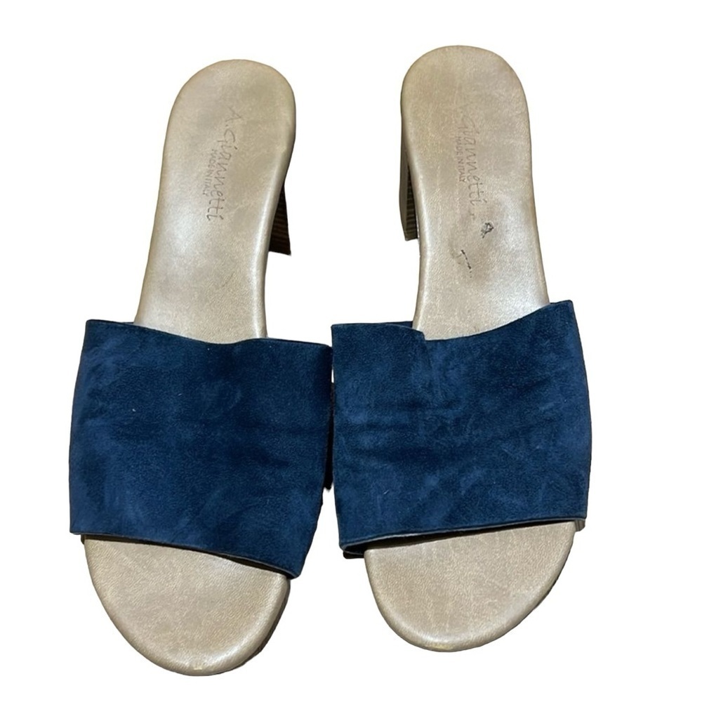 A. GIANNETTI Sandals Blue Suede Leather Made In Italy Slide Block Heel Shoes